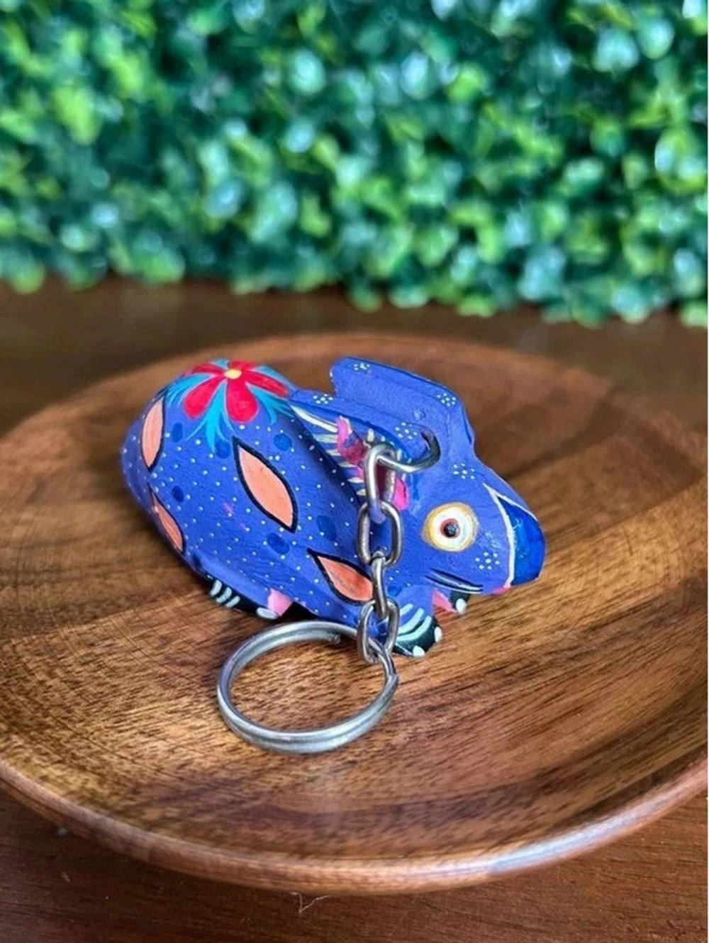 Vintage Oaxacan Alebrije Rabbit Keychain Hand Carved Painted Wood Mexico